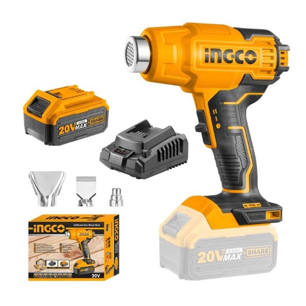 Ingco Industrial 20V Lithium-Ion heat gun w/ 1xBattery, Charger & Nozzles